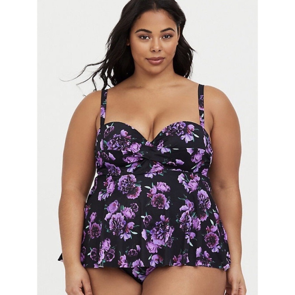 Torrid Purple Floral Underwire Tankini Swim Top Black Peony Print Size 2F (2X)
